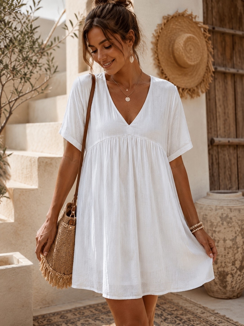Macaron White Cotton Babydoll Tunic Dress Size Small
